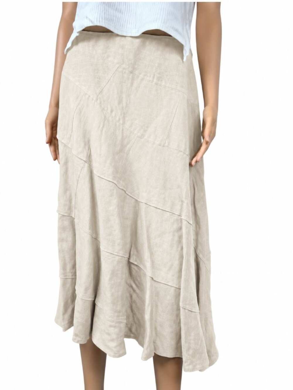 Sandro Sportswear Linen Asymmetrical Tiered A-line Midi Full Skirt Size 12 Tan - Picture 2 of 10